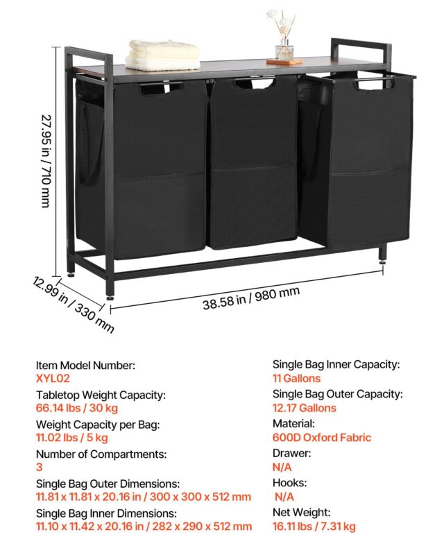 VEVOR 3-osaline pesusorteerija, 30 kg, 300×300×512 mm