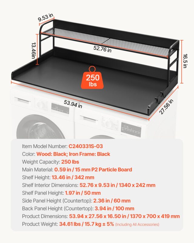 Pesumasina-kuivati ​​tööpind kahetasandilise riiuliga, 113 kg, 137 x 68,6 cm, 2 tasandit