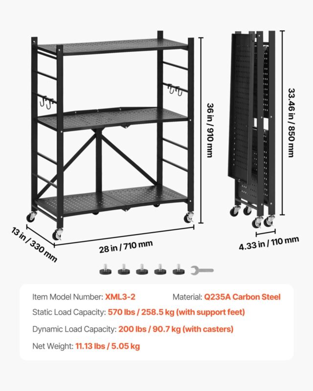 3-astmeline kokkupandav hoiuriiul, 258,5 kg, 28 L, 3 tasandit, 28 W