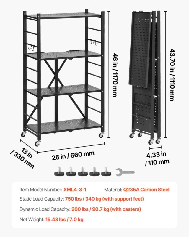 4-astmeline kokkupandav hoiuriiul, 340 kg, 26 L, 4 tasandit, 26 W
