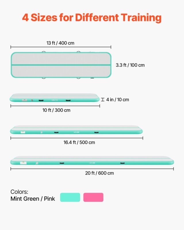 VEVOR Täispuhutav võimlemismatt 4m treeningmatid elektripumbaga, 200 kg, 4 m, 10 cm, mündiroheline