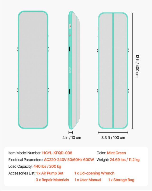 VEVOR Täispuhutav võimlemismatt 4m treeningmatid elektripumbaga, 200 kg, 4 m, 10 cm, mündiroheline