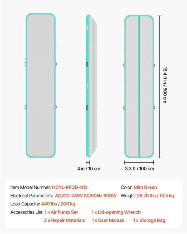 VEVOR Täispuhutav võimlemismatt 5m treeningmatid elektripumbaga, 200 kg, 5 m, 10 cm, mündiroheline