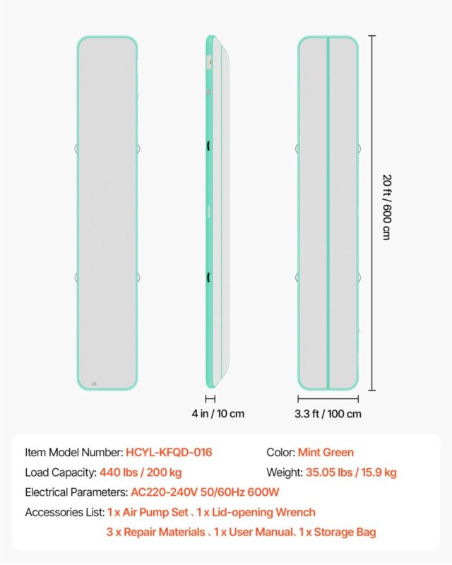 VEVOR Täispuhutav võimlemismatt 6m treeningmatid elektripumbaga, 200 kg, 6 m, 10 cm, mündiroheline