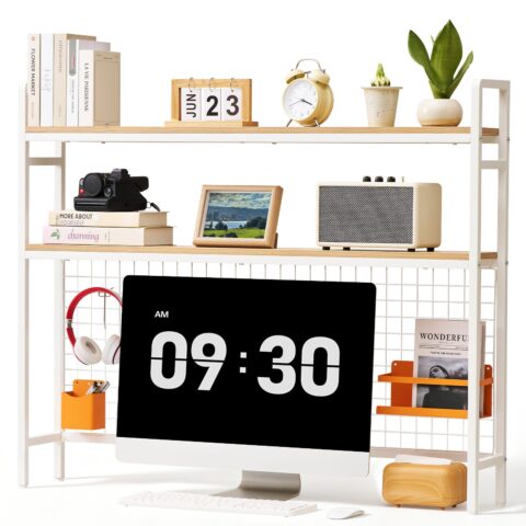 Desktop Bookshelf 3-Tier Countertop Storage Hutch with Grid White, 30 kg, 3 tasandit