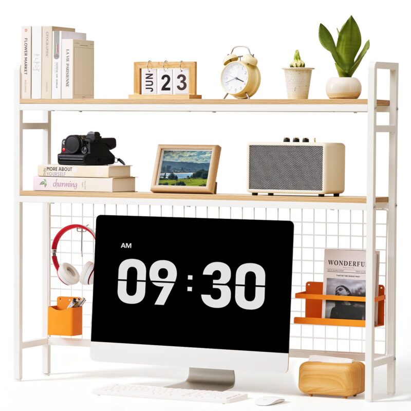Desktop Bookshelf 3-Tier Countertop Storage Hutch with Grid White, 30 kg, 3 tasandit